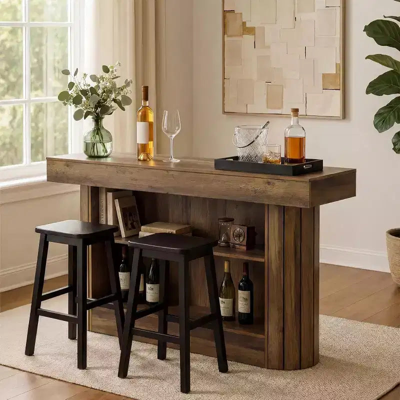 Lantine Bar Table, 63-Inch Wooden Home Bar Unit with Metal Footrest, Pub Table with Storage Shelves for Living Room, Bistro, Dining Room (Brown)
