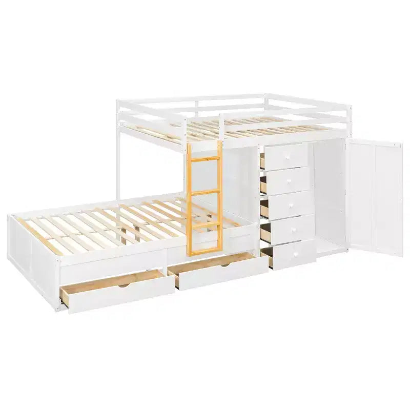 Full over Full Bunk Bed with Storage Wardrobe and Drawers, Full Size Wood Space-Saving Bunk Bed with Guardrail for Apartment, Bedroom