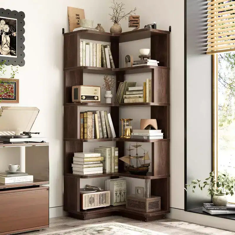 6-tier Corner Bookshelf, Space-saving Display Shelving Unit
