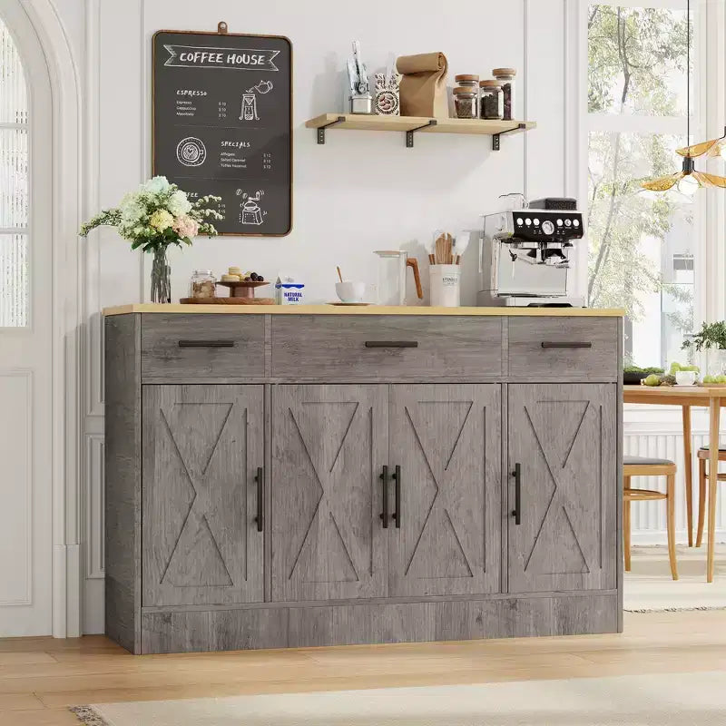 Celebalcony Buffet-Schrank mit Stauraum, 53,4 Zoll großer Küchenschrank mit 3 Schubladen und 4 Türen, verstellbarem Einlegeboden für Küche und Wohnzimmer