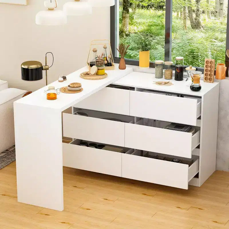 Smart Rotatable/Extendable Buffet Sideboard with 6 Drawers, Extended Countertop, Non-slip Mat, Rotating Dining Table, Kitchen Island Pantry
