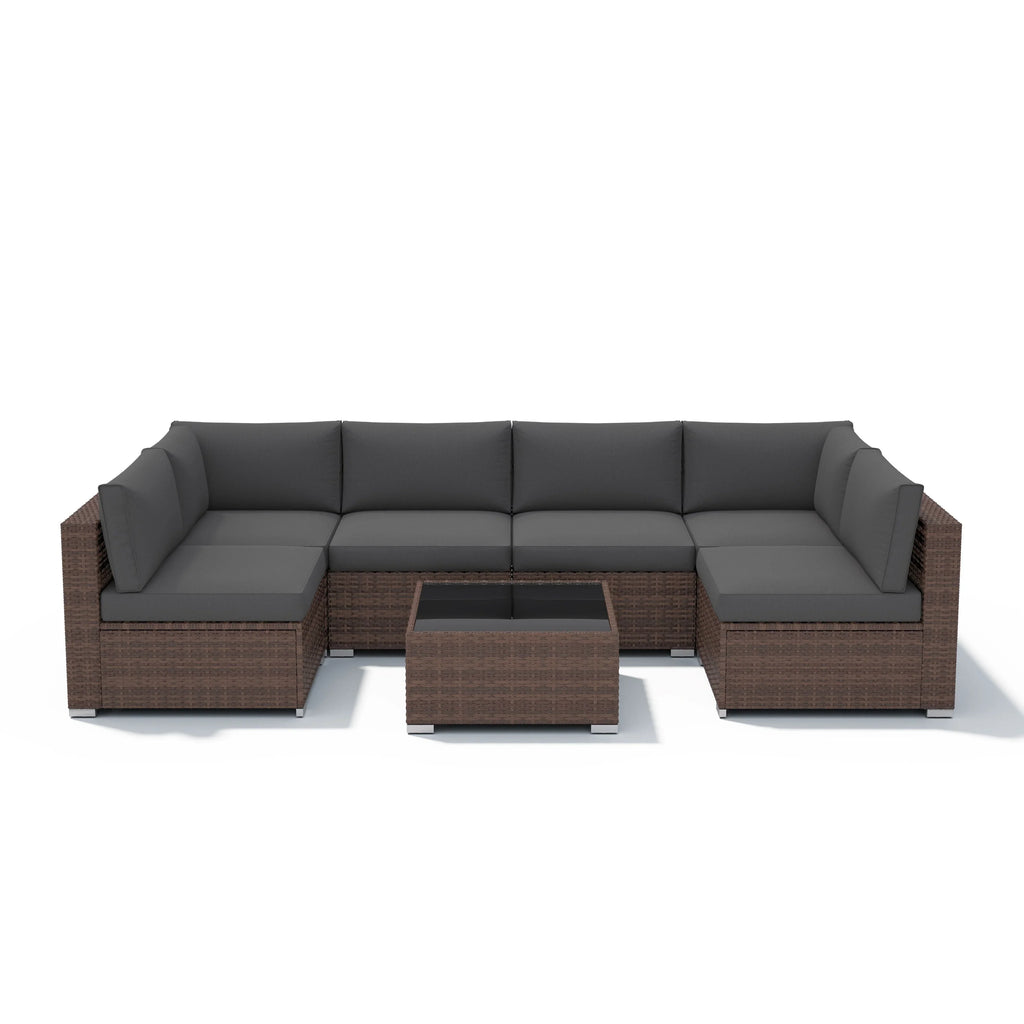 7-teiliges Outdoor-Sitzgruppen-Set aus Korbgeflecht und Stahl mit Polsterung