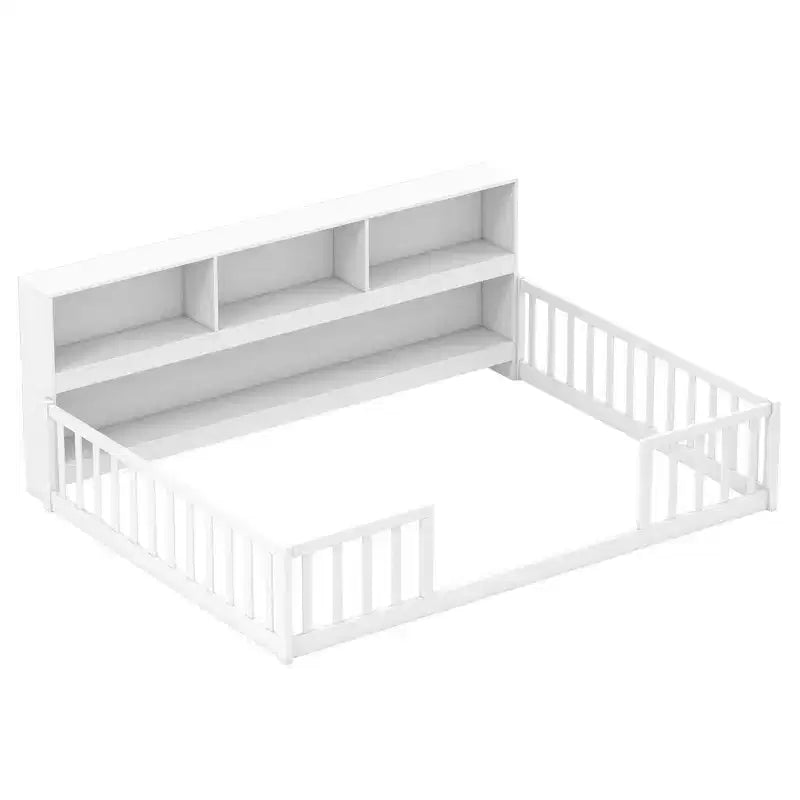 Montessori-vloerbed voor eenpersoons- of tweepersoonsmatras met boekenkast, opbergplanken en veiligheidshekken, wit/grijs