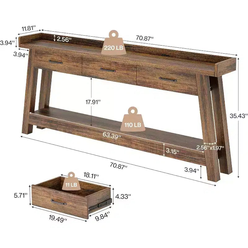 Lantine 2-Tier Sofa Table with 3 Drawers, 70.9 Console Table with Raised Baffle and Storage Shelves for Living Room, Hallway, Entryway