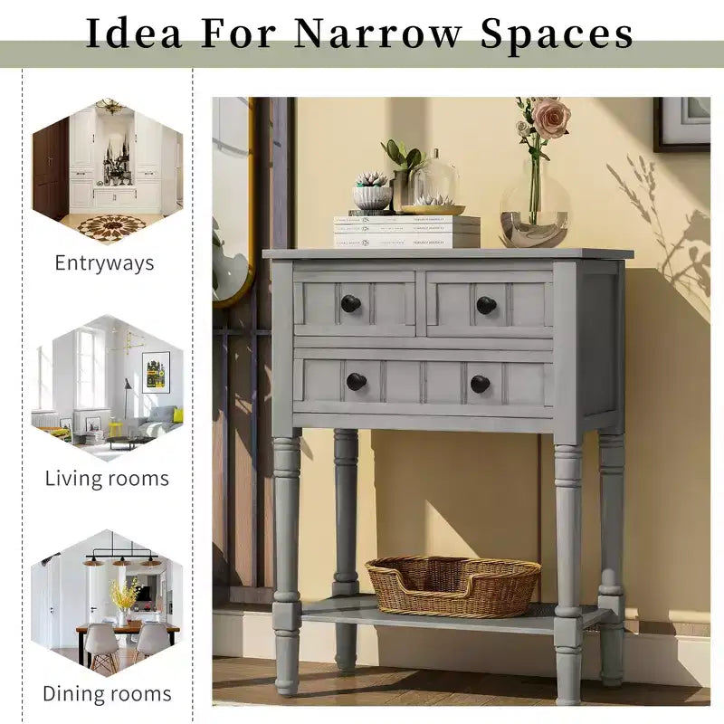 23.7in Narrow Console Table with 3 Drawers and Shelf, Sofa Table for Small Space Entryway or Living Room