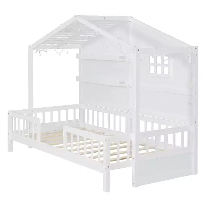 Twin Size House Bed with Storage Shelves and Rails, Wood Kids Montessori Bed Frame with Window and Sparkling Light Strip