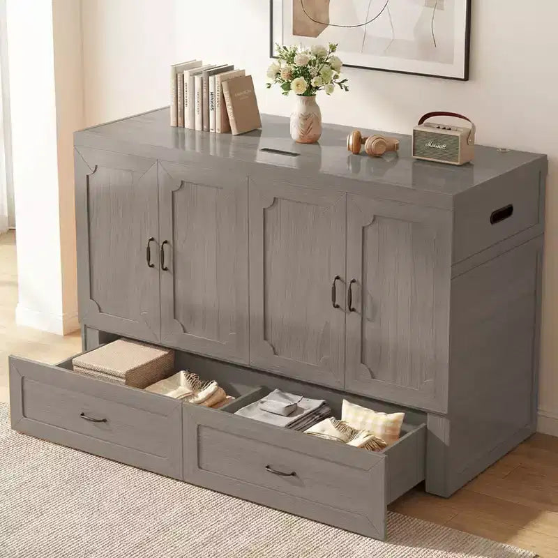 Mjkone Queen Size Convertible Murphy Cabinet Bed with USB Charging, Storage Drawers,No Mattress Included