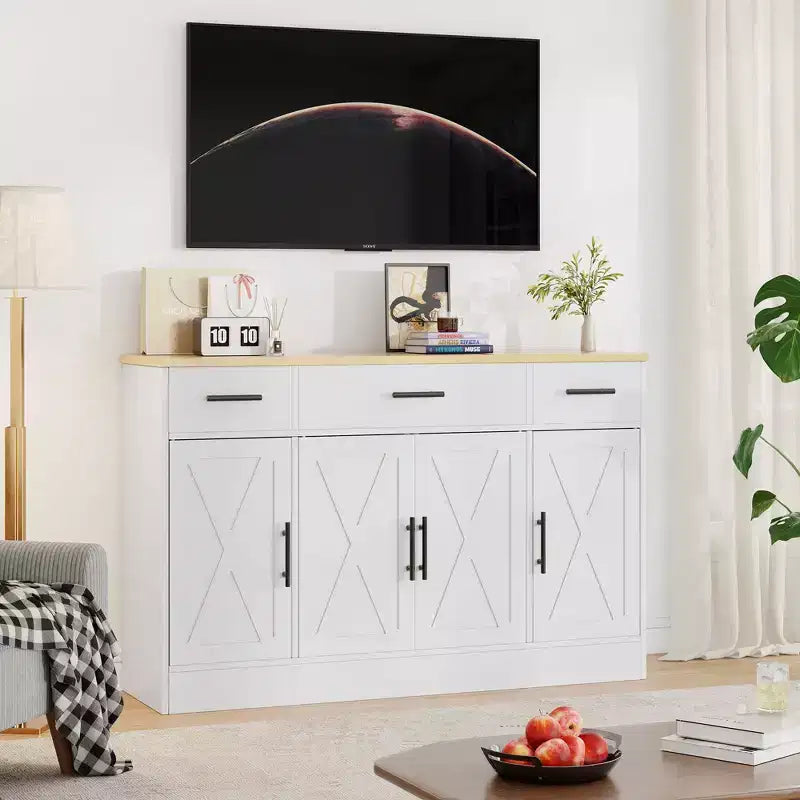 Celebalcony Buffet-Schrank mit Stauraum, 53,4 Zoll großer Küchenschrank mit 3 Schubladen und 4 Türen, verstellbarem Einlegeboden für Küche und Wohnzimmer