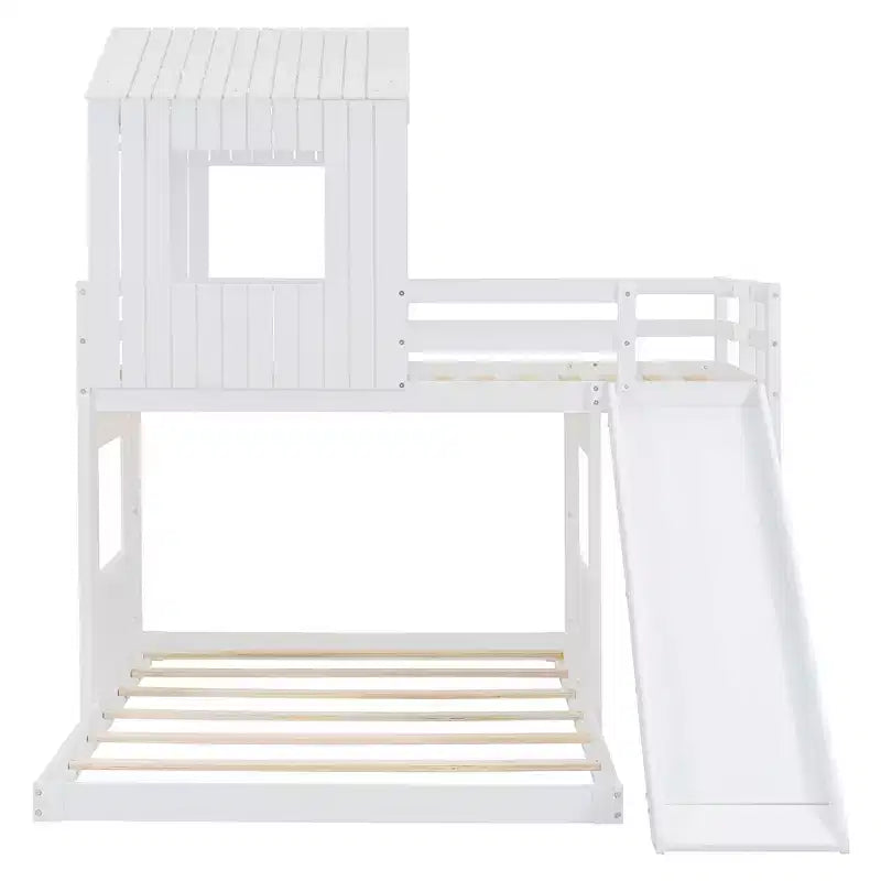 Luxystar Twin Over Full Wood Bunk Bed with Playhouse, Slide and Guardrails