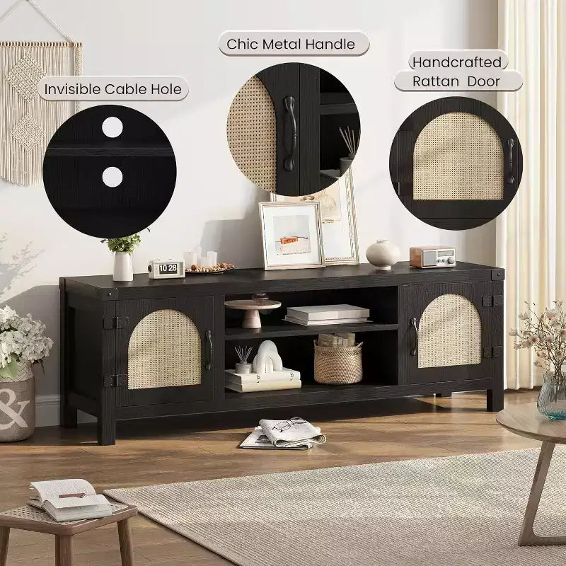 165 cm breiter TV-Schrank im Boho-Stil mit Flechttür – Unterhaltungsschrank aus Holz mit zwei Schränken und verstellbaren Einlegeböden, geeignet für Wohnzimmer