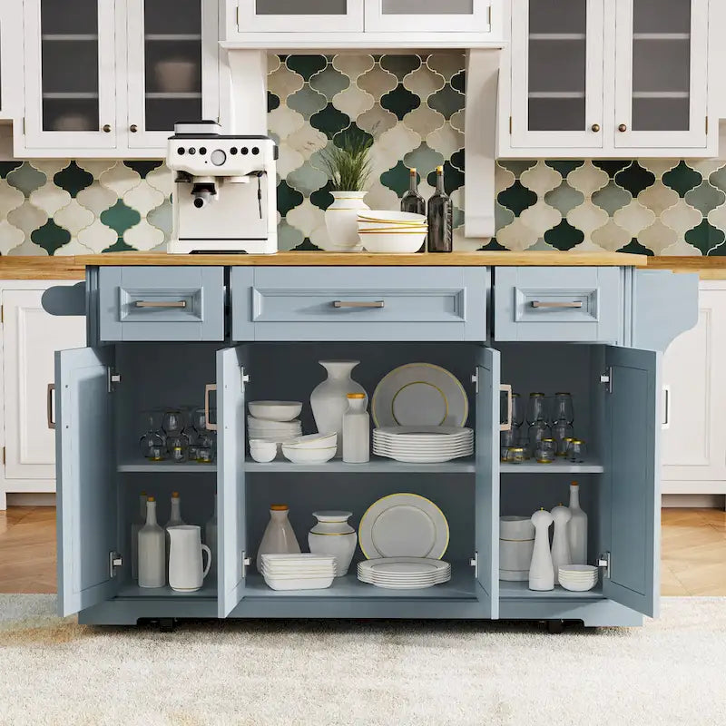 54  Large Kitchen Island with Rubber Wood Drop Leaf, Embossed Texture Rolling Kitchen Cart on 4 Wheels with 4 Doors & 3 Drawers