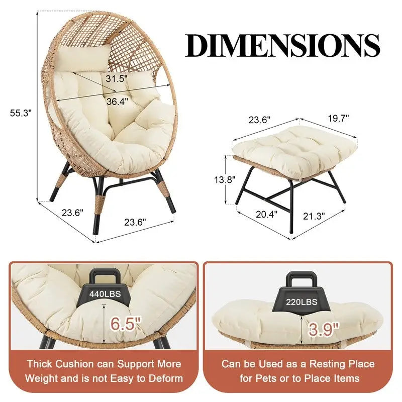 FINCATI Indoor Eggs Chair, 440 lbs Egg Chair Outdoor, Oversized Egg Chair with Ottoman, Luxury Cozy Egg Chair with Foot Rest