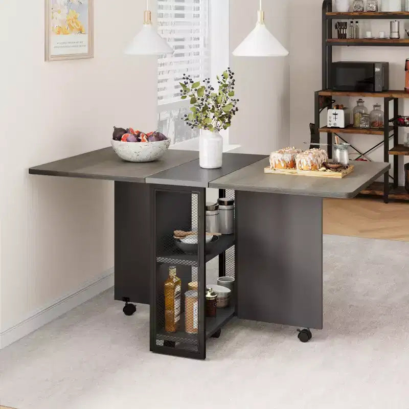 Inklapbare eettafel voor de keuken, ruimtebesparende eettafel, uitschuifbare keukentafel met neerklapbaar blad en 6 wielen voor kleine ruimtes