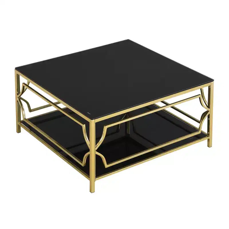 Merax Square Coffee Table with Black or Clear Glass Top and Two-Tier Display Shelf