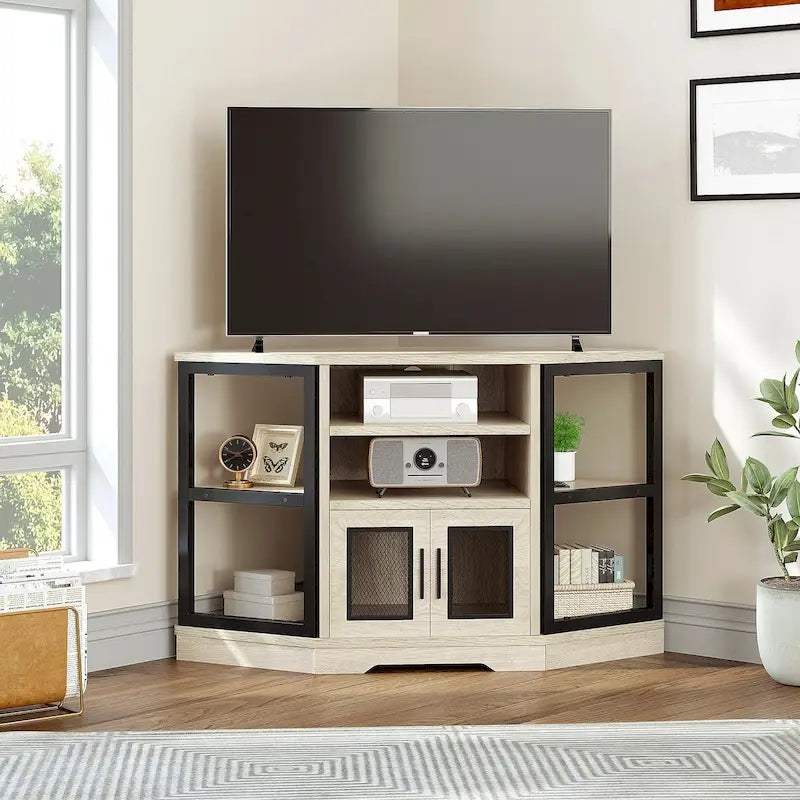 Meuble TV d’angle de style maison de campagne, centre de divertissement et console multimédia pour téléviseurs jusqu’à 55 po, avec prise électrique