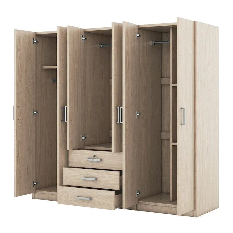6-Doors Wooden Wardrobe Storage with 3 Big Drawers for Bedroom