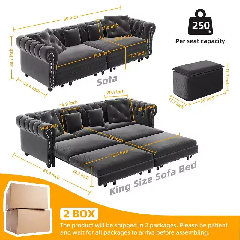 Whisen Samt-Schlafsofa in King-Size mit Ausziehfunktion und 3-in-1-Funktion, wandelbares Schlafsofa mit beweglichem Hocker und Steppdesign