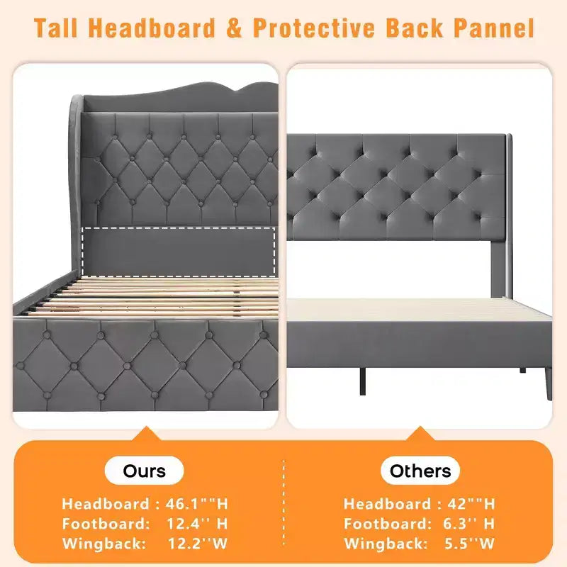 Bed Frame with 4 Storage Drawers and Charging Station, Velvet Button Tufted Upholstered Platform Bed with Tall Headboard and Storage Shelf