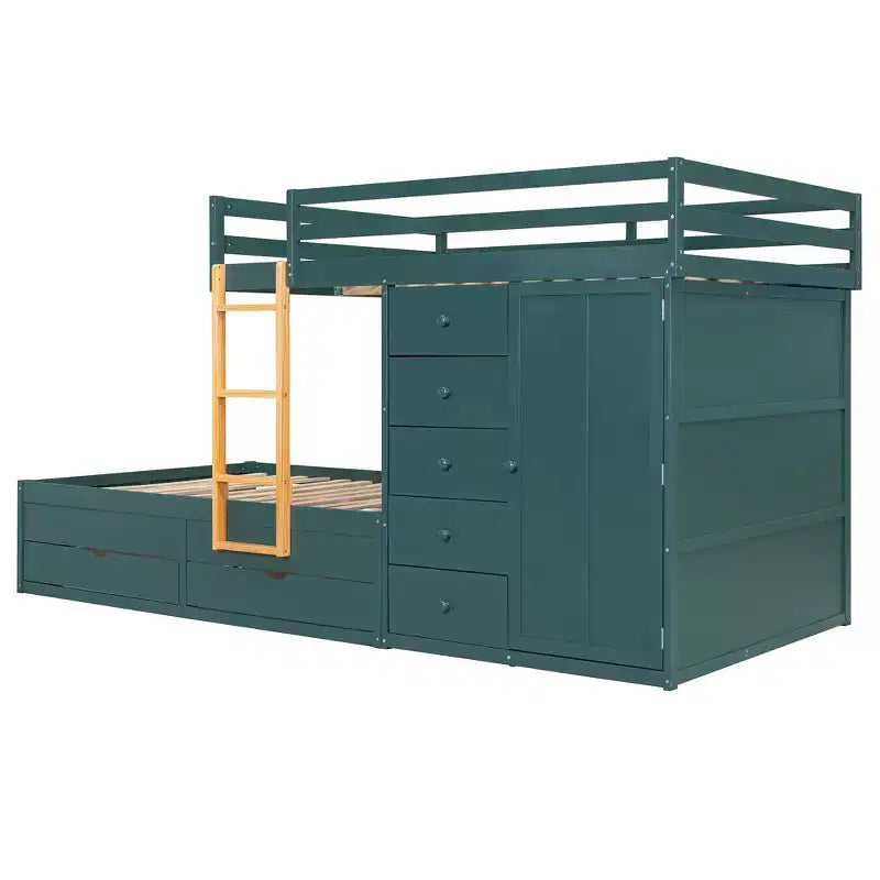 Full over Full Bunk Bed with Storage Wardrobe and Drawers, Full Size Wood Space-Saving Bunk Bed with Guardrail for Apartment, Bedroom