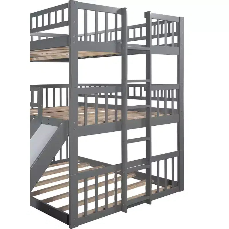Stapelbed voor drie personen, full-over-full, met ombouwbare ladder en glijbaan, driepersoonsbed met valbeveiliging, wit/grijs/espresso - ModernLuxe