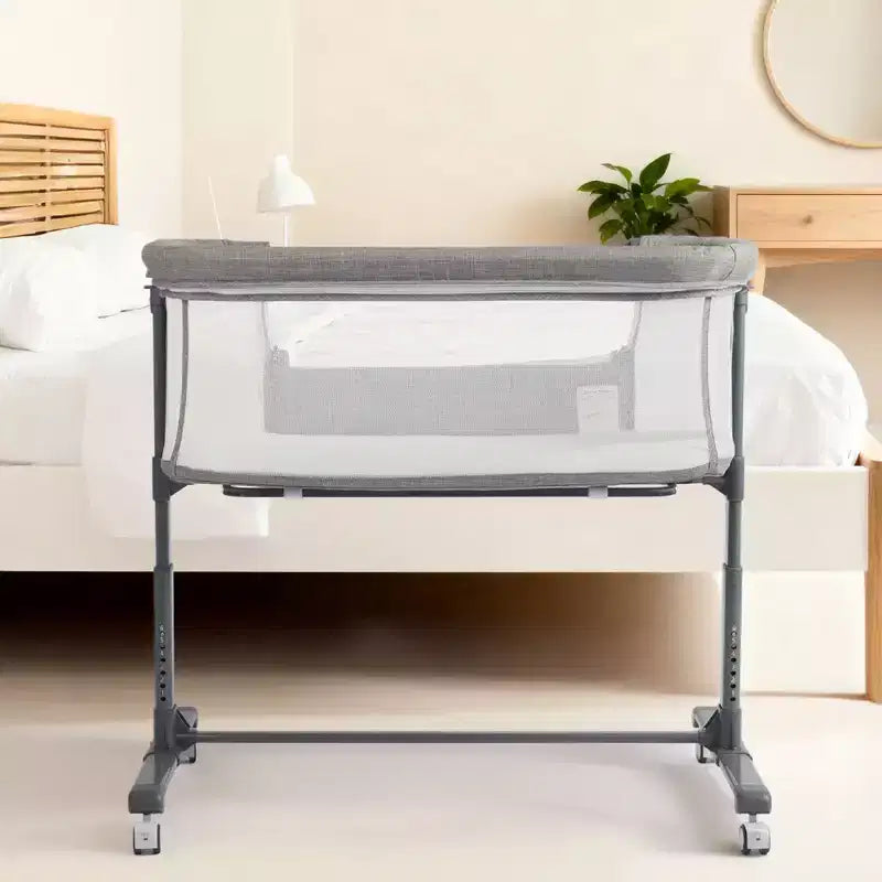 Babywiegje met wielen – beige / grijs / roze, wiegje naast het bed, voor 1 baby