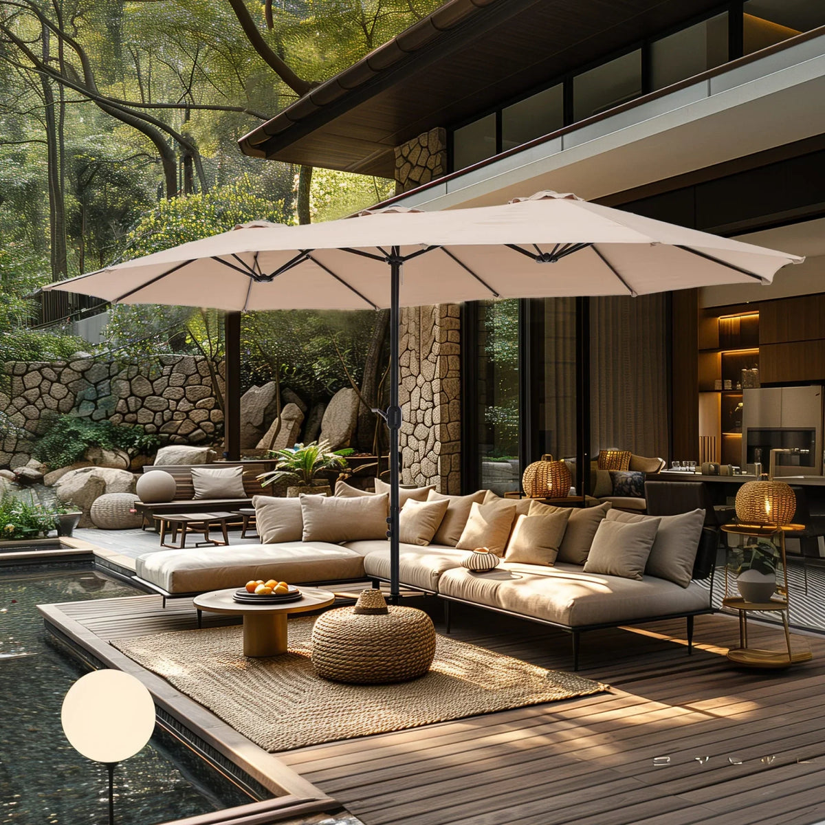 MAISON ARTS dubbele parasol voor terras, 15 ft, extra groot, tweepersoons, inclusief voet