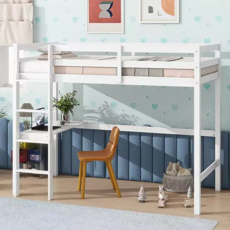 Okak Minimalism Loft Bed with Ladder, Rubber Wood Twin Loft Bed with Safety Guardrail and Build-In Desk, Bed Frames for Kids, Teenagers