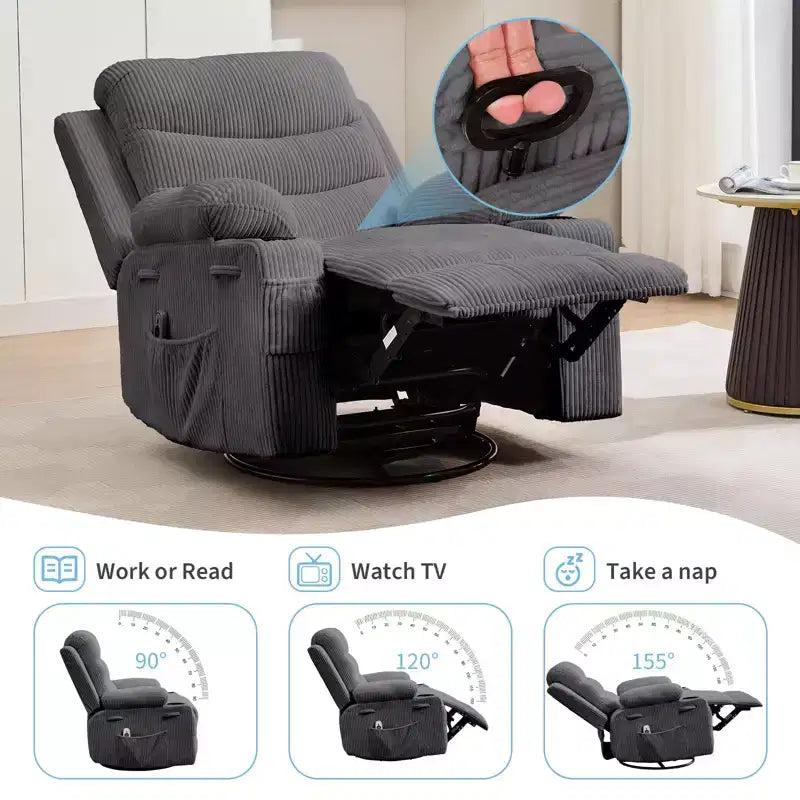 Sillón reclinable mecedor giratorio de 360° extragrande con masaje y calor: silla ergonómica de descanso con portavasos y bolsillos laterales para la sala de estar o el dormitorio infantil