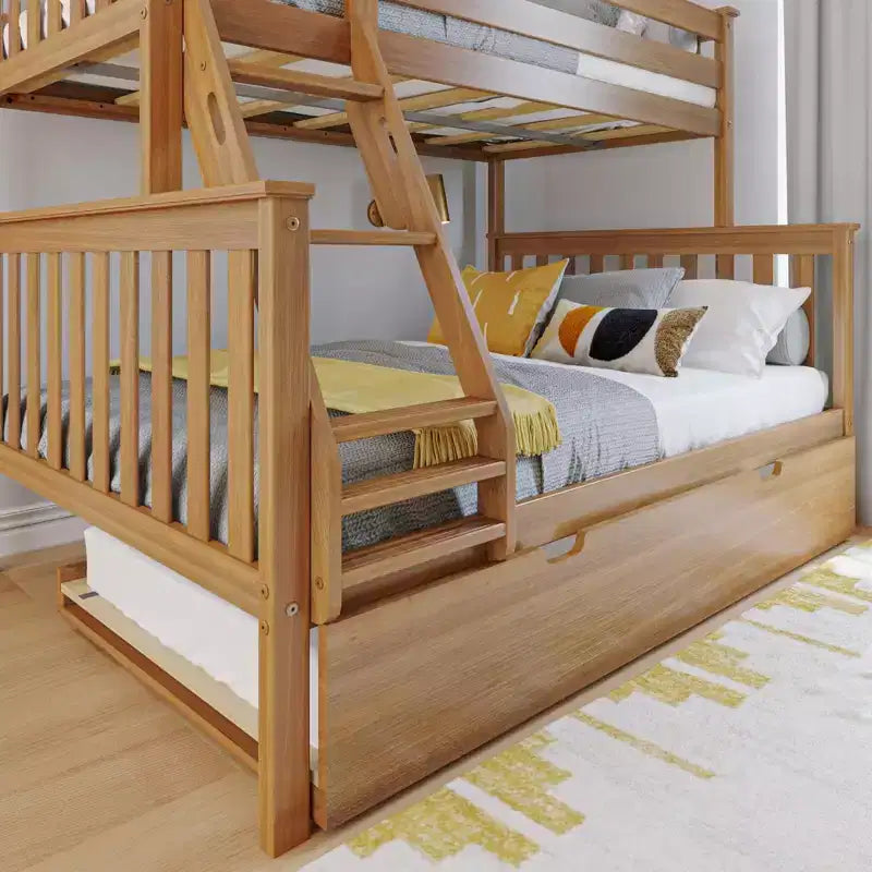 Letto a castello Max & Lily in legno massello, singolo sopra matrimoniale con letto estraibile contenitore e scaletta per bambini