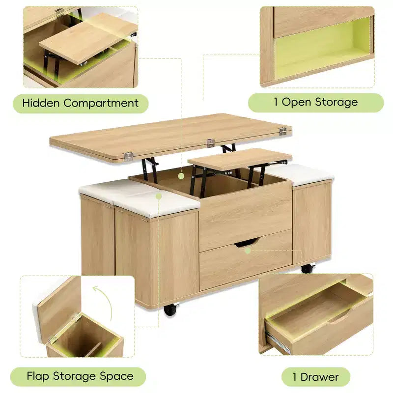 Table basse moderne multifonctionnelle relevable avec rangement dissimulé, 4 tabourets et roulettes, idéale pour les espaces de vie modernes