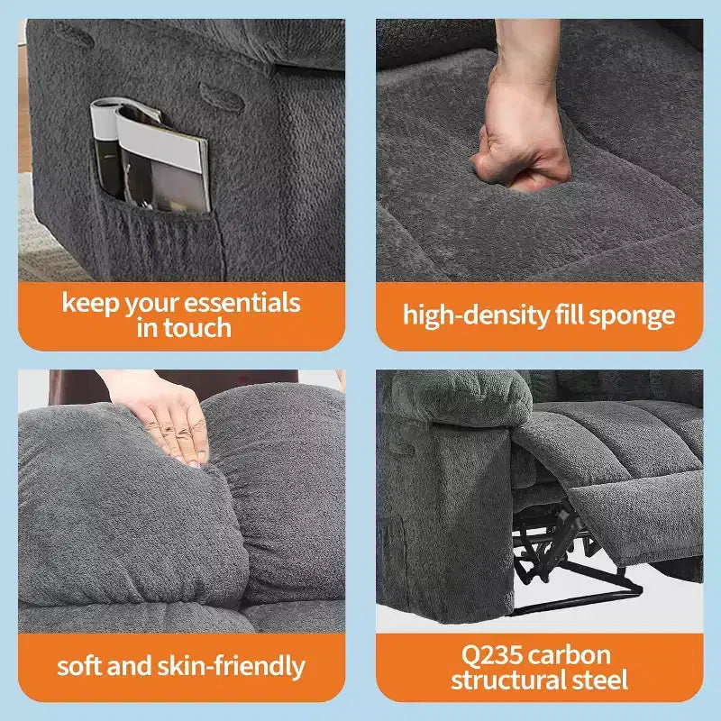 Handmatige relaxfauteuil, ergonomische ademende stoffen fauteuil met zijvakken, eenpersoonsbank, geschikt voor woonkamer en slaapkamer