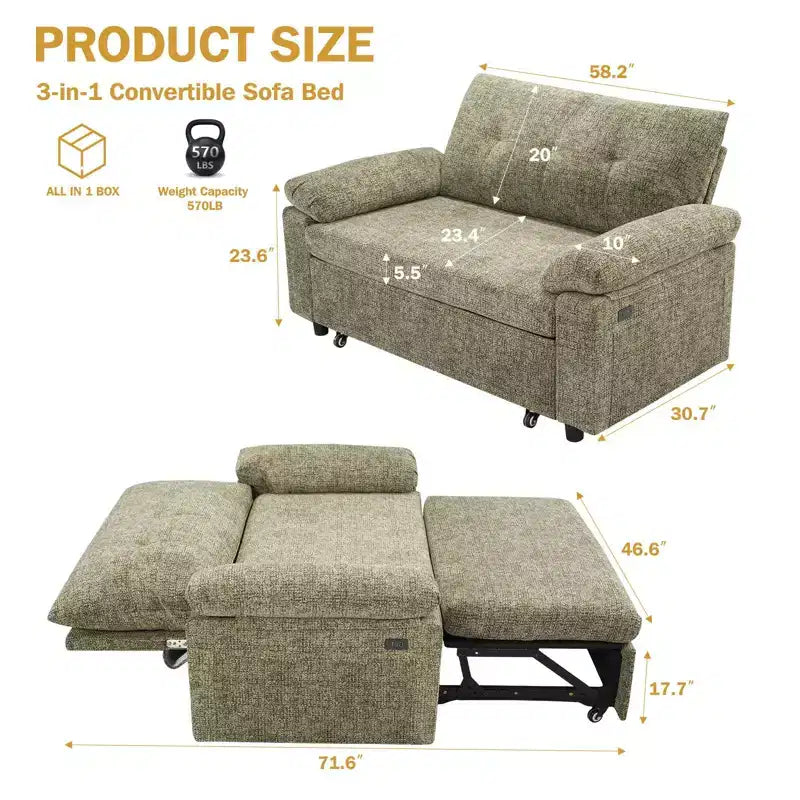Dyonery 3-in-1 Convertible Sofa Bed, Pull Out Sleeper Sofa with Adjustable Backrest