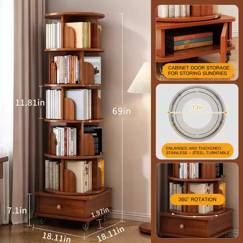 Libreria angolare Chic Crate a 6 ripiani con rotazione a 360° e ruote, libreria stretta per piccoli spazi, marrone noce