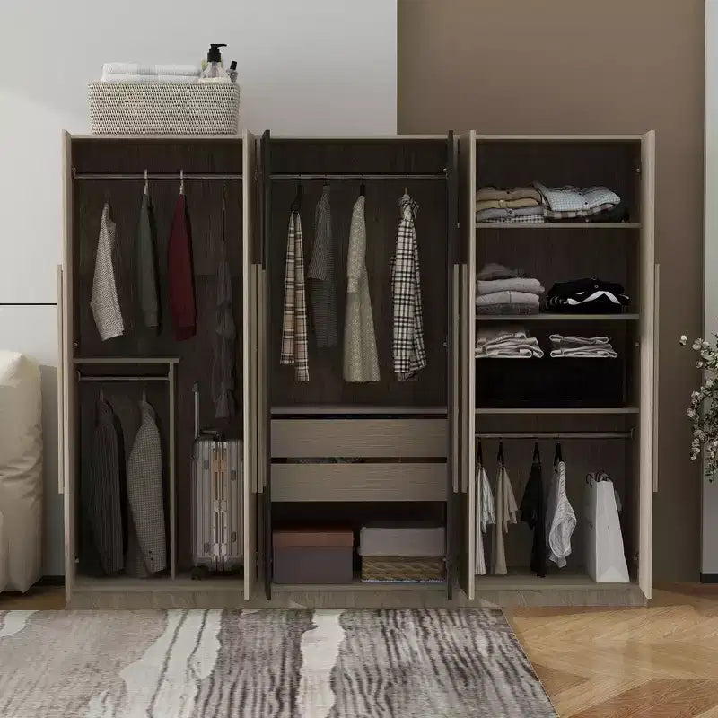 Szafa odzieżowa 83W z 6 drzwiami, garderobiana szafa do przechowywania z 2 szufladami, drążkami na ubrania i półkami, czarno-naturalna-ModernLuxe