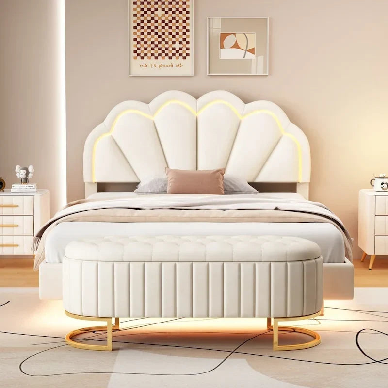 2-teiliges Schlafzimmer-Set: LED-Polsterbett in voller Größe mit Stauraumhocker