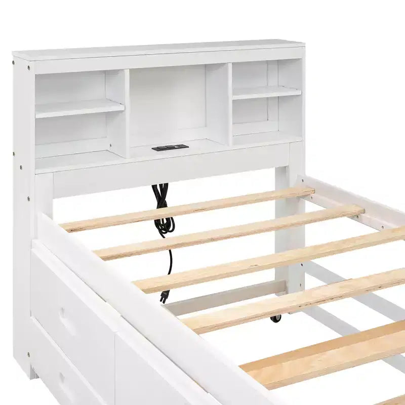 Platformbed met onderschuifbed en laden, opbergplatformbed met USB, houten platformbed met boekenkast
