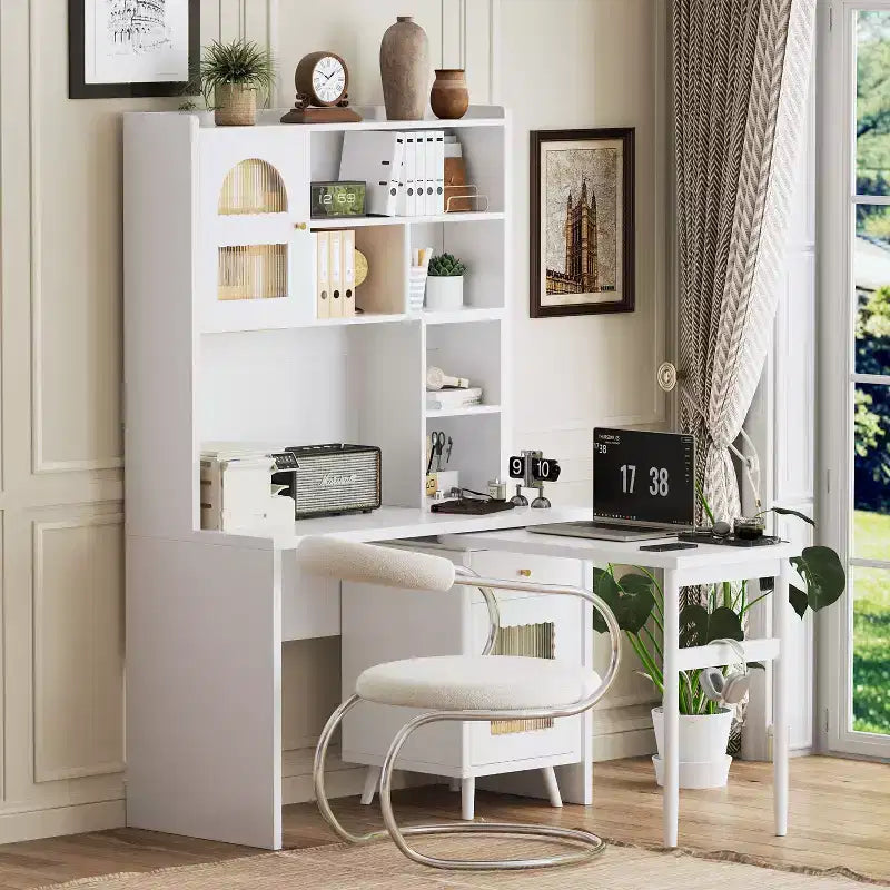 Escritorio de computadora de madera para oficina en casa Okak, con escritorio/silla y estantería, escritorio de estudio y escritura con almacenamiento para adolescentes y estudiantes