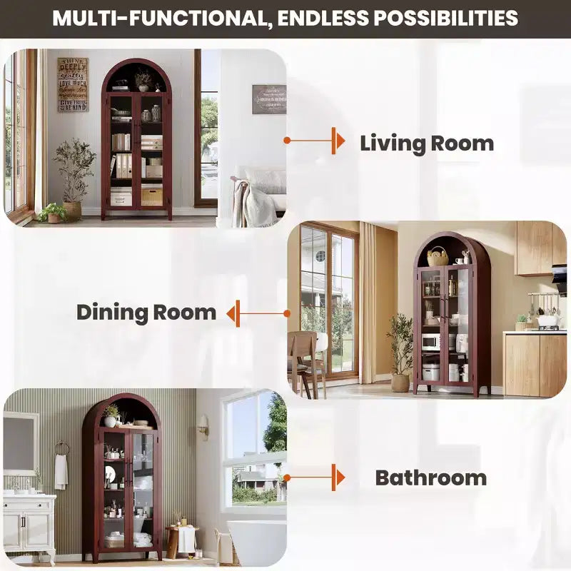 Mobiletto contenitore alto ad arco con ante in vetro, libreria espositiva a 5 ripiani con mensole regolabili per cucina o soggiorno