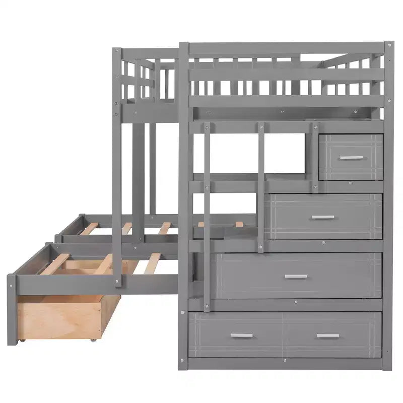 Whisen Full Over Twin & Twin Bunk Bed, Wood Triple Bunk Bed with Drawers and Guardrails