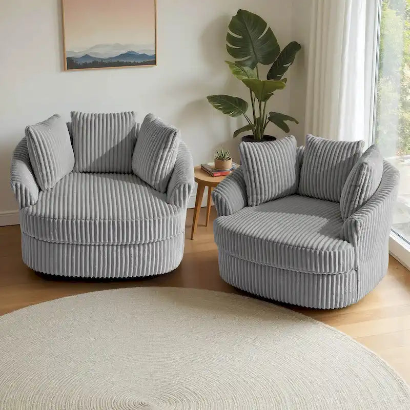 2er-Set übergroße 43 W Plüsch-Cordsessel mit Drehfunktion und Kissen