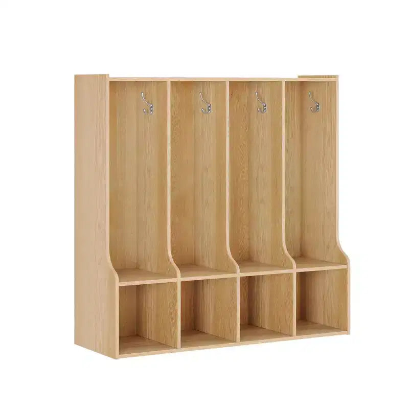 Braun-weißer Garderobenschrank mit 4 Fächern und 8 Haken für Kinder