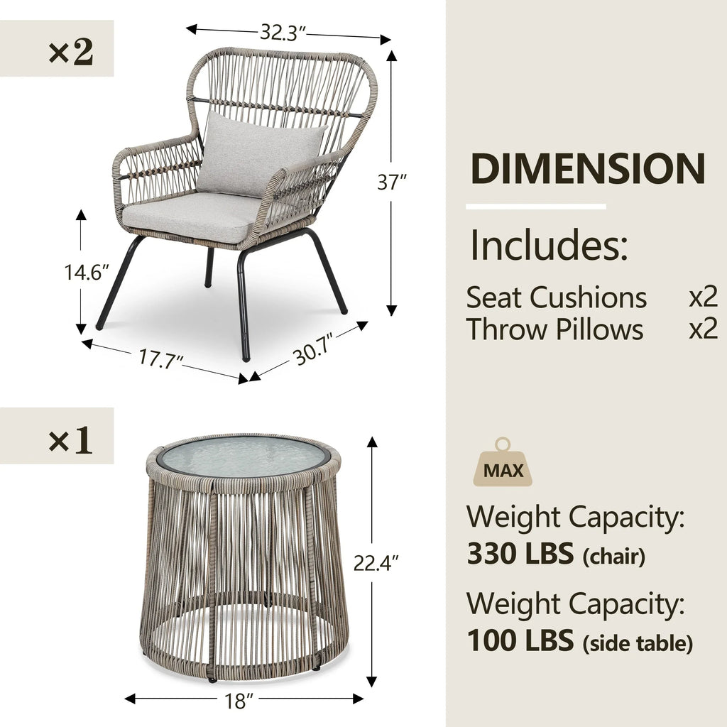3 Piece Outdoor Wicker Conversation Bistro Set, All-Weather Rattan Furniture Patio Chairs Set with Cushions