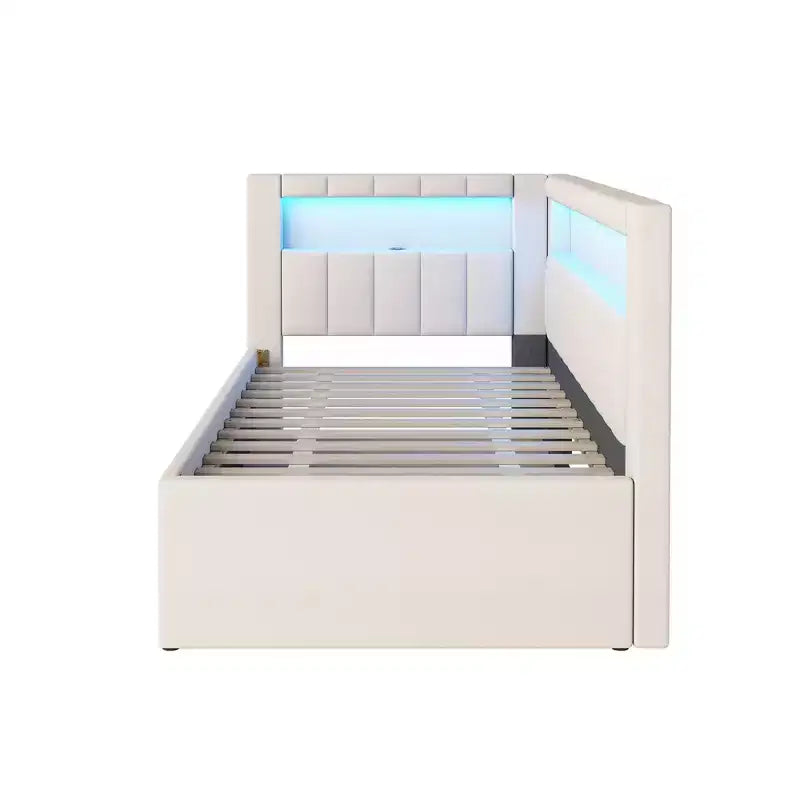 Daybed in Twin-/Full-Größe mit Ausziehbett und L-förmigem Bücherregal-Kopfteil, weiches Eckbett mit Leinenpolsterung, Ablagefächern und LED-Band