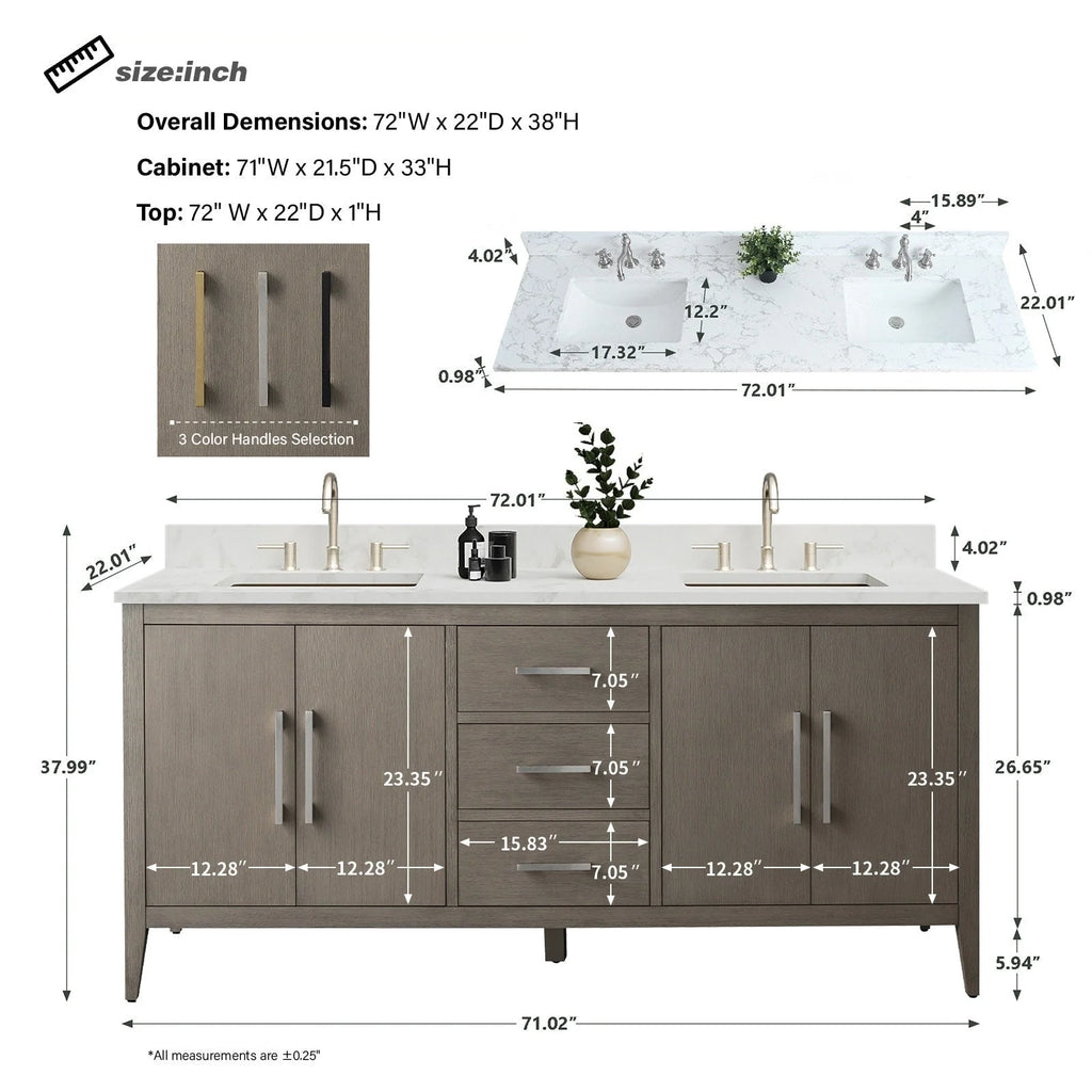 Vanity Art 72 badkamermeubel met dubbele wastafel en blad van composietmarmer