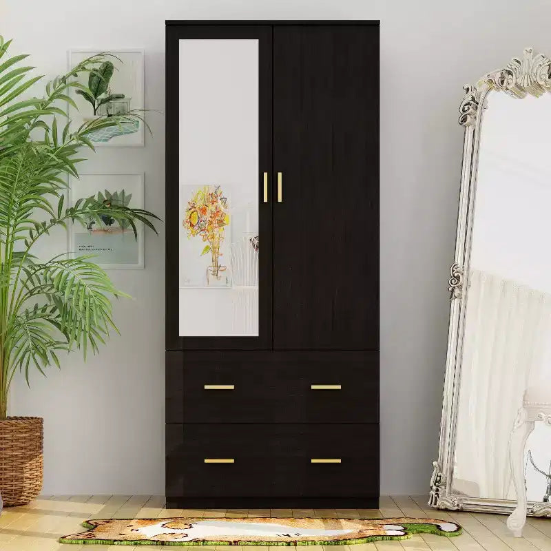 Armoire Hitow à portes miroirs avec deux tiroirs et rangement compartimenté