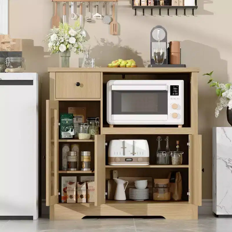 Küchen-Mikrowellenschrank mit Stauraum, 3 Türen, 1 Schublade und verstellbaren Regalböden, Vorratsschrank
