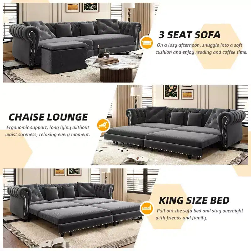 Whisen Samt-Schlafsofa in King-Size mit Ausziehfunktion und 3-in-1-Funktion, wandelbares Schlafsofa mit beweglichem Hocker und Steppdesign