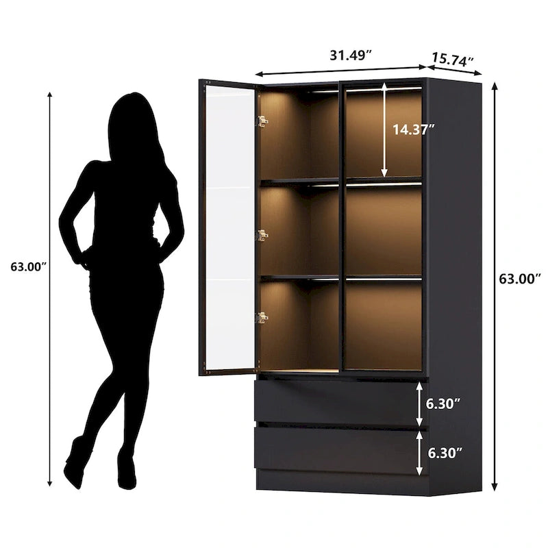 Vitrine de rangement, vitrine avec portes en verre trempé, présentoir avec 4 étagères de rangement