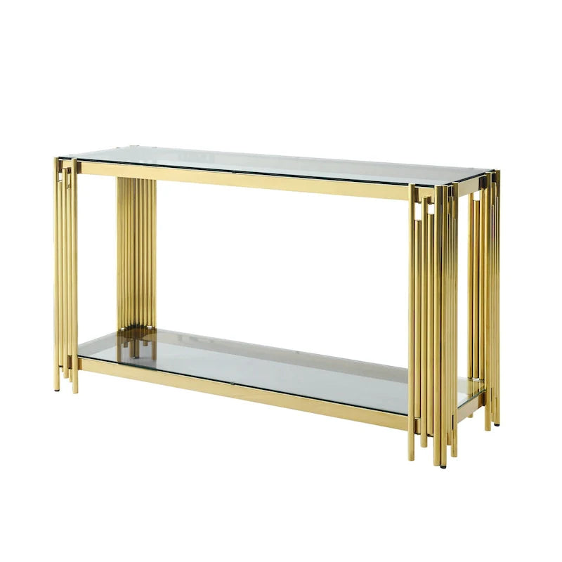 Console étroite à 2 niveaux avec structure en métal finition dorée et plateau en verre trempé