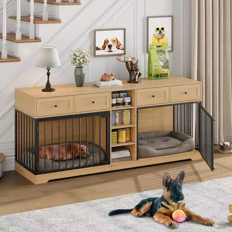 82 Cuccia doppia per cani in stile mobile, grande kennel per interni per 2 cani, cuccia in legno resistente con supporto TV, 4 cassetti e ripiani